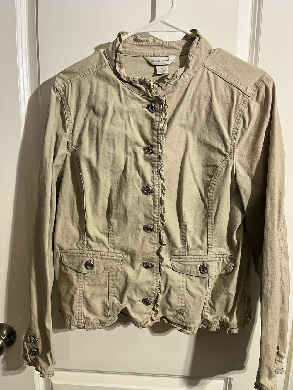 Christopher & Banks Light Khaki Ruffle-Trim Utility Jacket